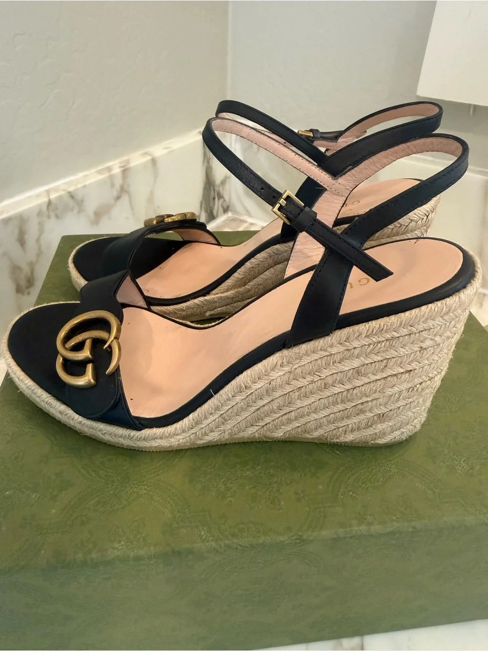 Gucci Black Leather Espadrille Wedge Sandals with Gold Accent